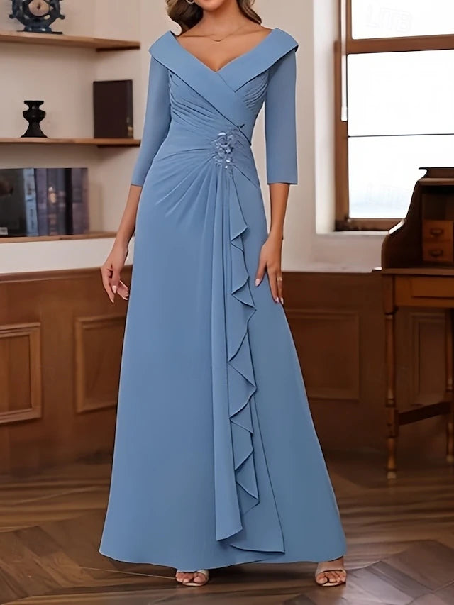 A-Line Wedding Guest Dresses Elegant Dress Wedding Guest Engagement Floor Length 3/4 Length Sleeve V Neck Chiffon with Pleats Ruched Beading