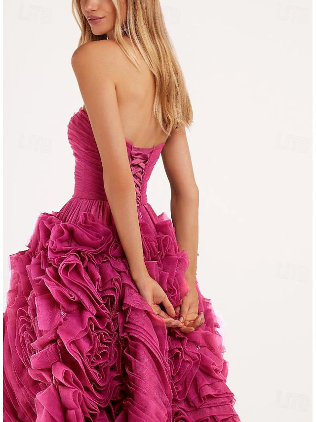 Beach Wedding A-Line Prom Dresses Floral Dress Wedding Guest Quinceanera Ankle Length Sleeveless Strapless Tulle Backless with Ruched