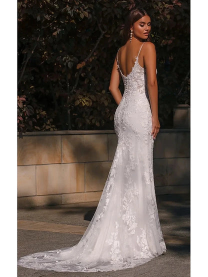 Wedding Dresses Mermaid / Trumpet V Neck Spaghetti Strap Sleeveless Court Train Lace Bridal Gowns With Embroidery Appliques