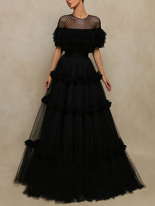 A-Line Prom Dresses Elegant Dress Formal Floor Length Short Sleeve Jewel Neck Tulle with Pleats Ruffles