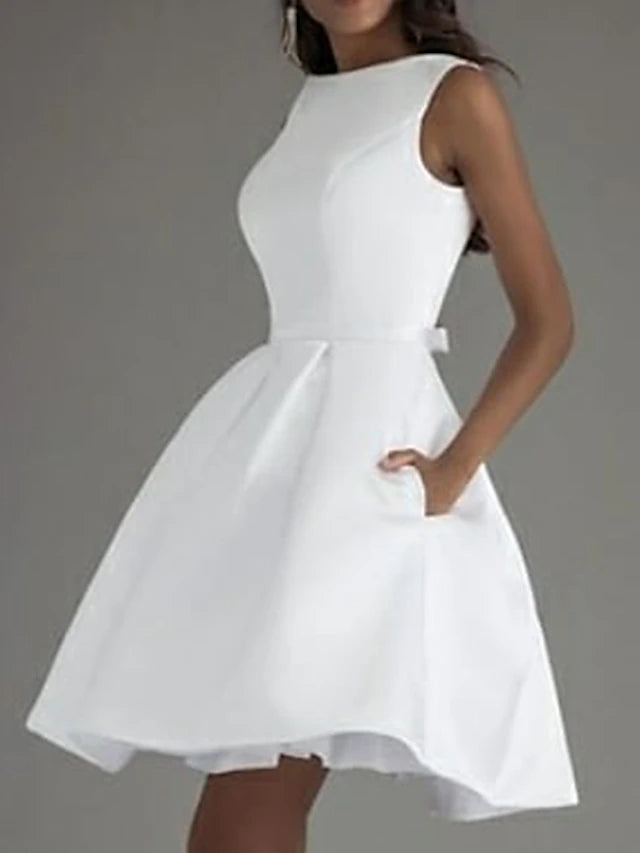 A-Line Knee Length Prom Dresses Minimalist Little White Dresses Sexy Sleeveless Boat Neck Valentine's Day Wedding Guest Satin V Back with Sleek Bow(s) Pure Color