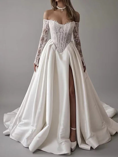 Bustier Drop Wait Wedding Dresses Ball Gown Off Shoulder With Detachable Sleeve Chapel Train Satin Bridal Gowns With Floral Lace Applique