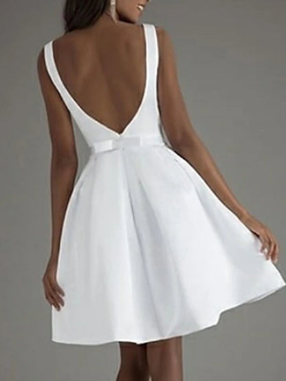 A-Line Knee Length Prom Dresses Minimalist Little White Dresses Sexy Sleeveless Boat Neck Valentine's Day Wedding Guest Satin V Back with Sleek Bow(s) Pure Color