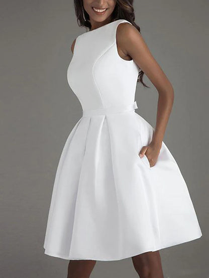 A-Line Knee Length Prom Dresses Minimalist Little White Dresses Sexy Sleeveless Boat Neck Valentine's Day Wedding Guest Satin V Back with Sleek Bow(s) Pure Color