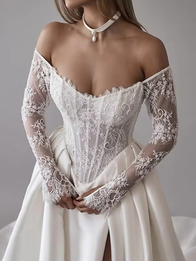 Bustier Drop Wait Wedding Dresses Ball Gown Off Shoulder With Detachable Sleeve Chapel Train Satin Bridal Gowns With Floral Lace Applique