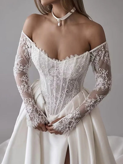Bustier Drop Wait Wedding Dresses Ball Gown Off Shoulder With Detachable Sleeve Chapel Train Satin Bridal Gowns With Floral Lace Applique