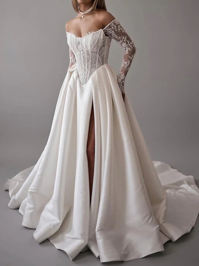Bustier Drop Wait Wedding Dresses Ball Gown Off Shoulder With Detachable Sleeve Chapel Train Satin Bridal Gowns With Floral Lace Applique