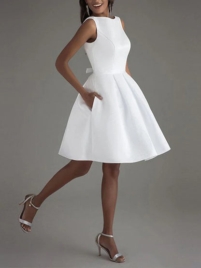 A-Line Knee Length Prom Dresses Minimalist Little White Dresses Sexy Sleeveless Boat Neck Valentine's Day Wedding Guest Satin V Back with Sleek Bow(s) Pure Color