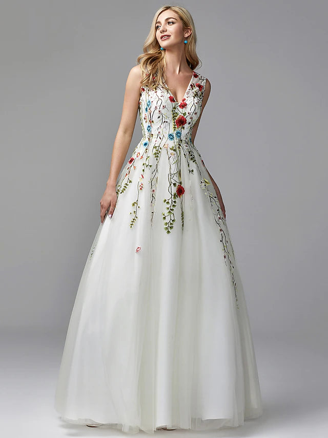 A-Line Floor Length Prom Dresses Floral White Sleeveless V Neck Valentine's Day Wedding Guest Lace Tulle with Embroidery Appliques