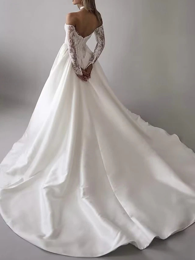 Bustier Drop Wait Wedding Dresses Ball Gown Off Shoulder With Detachable Sleeve Chapel Train Satin Bridal Gowns With Floral Lace Applique