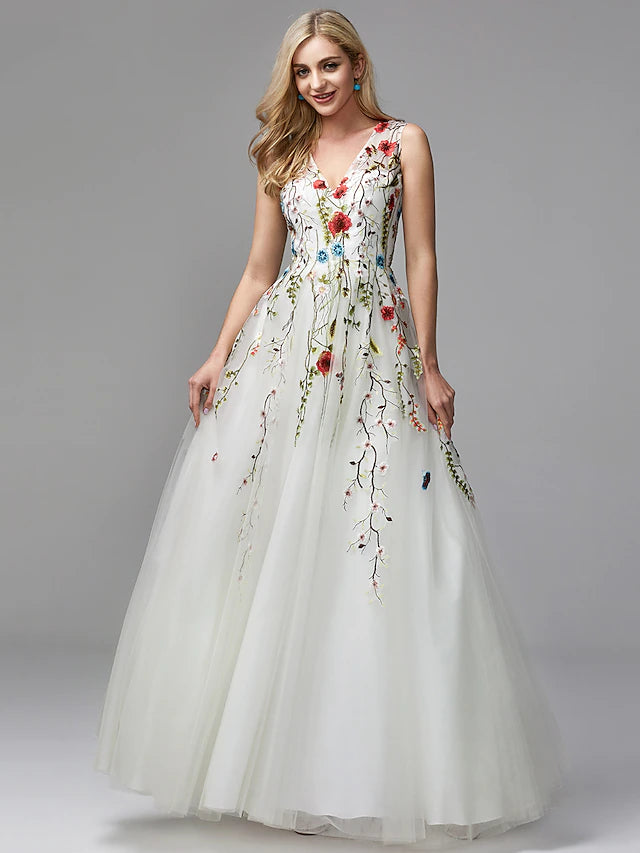 A-Line Floor Length Prom Dresses Floral White Sleeveless V Neck Valentine's Day Wedding Guest Lace Tulle with Embroidery Appliques