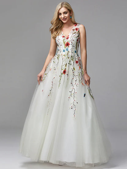 A-Line Floor Length Prom Dresses Floral White Sleeveless V Neck Valentine's Day Wedding Guest Lace Tulle with Embroidery Appliques