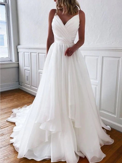 Beach Wedding Casual Simple Wedding Dresses Wedding Dresses Sheath Camisole Sleeveless Court Train Chiffon Bridal Gowns With Pleats