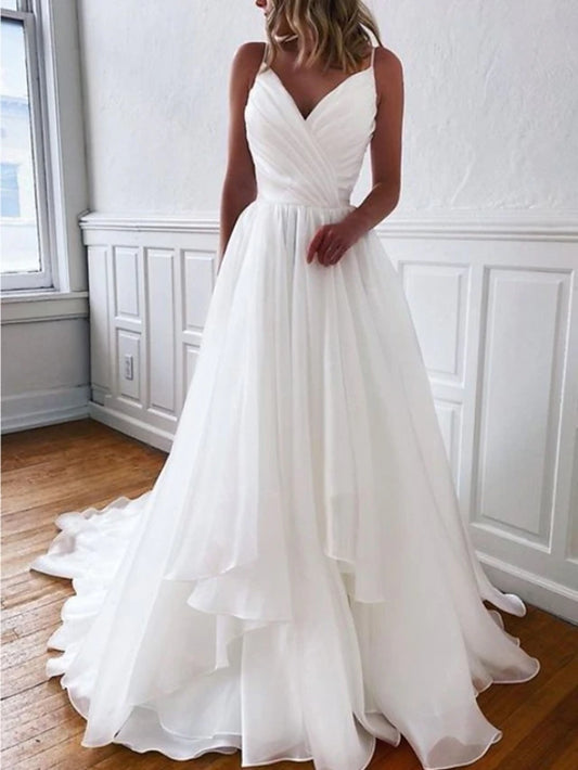 Beach Wedding Casual Simple Wedding Dresses Wedding Dresses Sheath Camisole Sleeveless Court Train Chiffon Bridal Gowns With Pleats