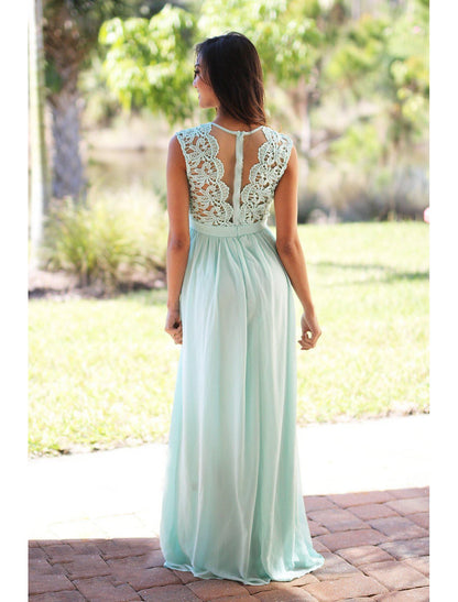 A-Line Bridesmaid Dress Jewel Neck Sleeveless Elegant Floor Length Chiffon / Lace with Sash / Ribbon / Pleats dress