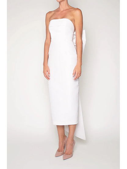 Sheath Column Tea Length Prom Dresses Party Black Dress Beautiful Back Sleeveless Strapless Wedding Guest Engagement Fall Wedding Reception Satin with Bow(s)