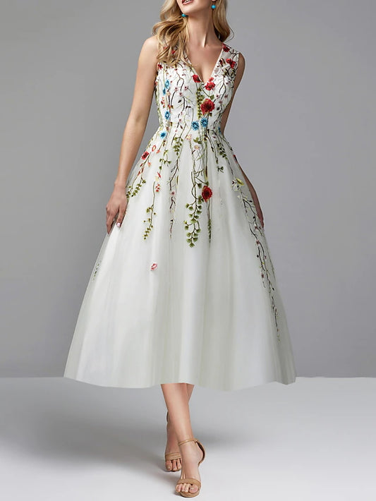 A-Line Tea Length Prom Dresses Floral White Sleeveless V Neck Prom Wedding Guest Lace Tulle with Embroidery Appliques