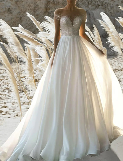 Beach Wedding Beach Formal Wedding Dresses A-Line Off Shoulder Short Sleeve Court Train Chiffon Bridal Gowns With Pleats Beading