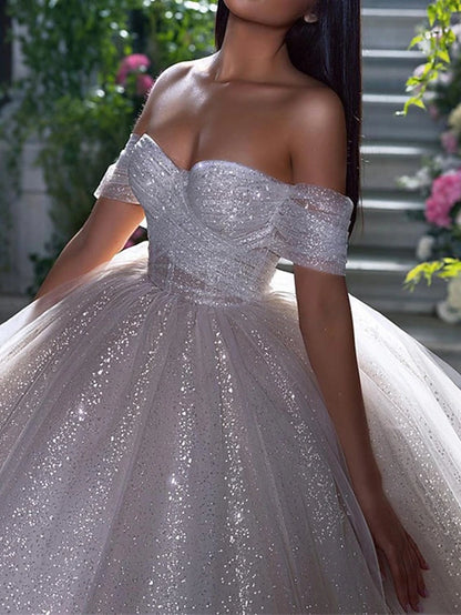Engagement Sparkle & Shine Formal Wedding Dresses Ball Gown Off Shoulder Cap Sleeve Chapel Train Sequined Bridal Gowns With Solid Color