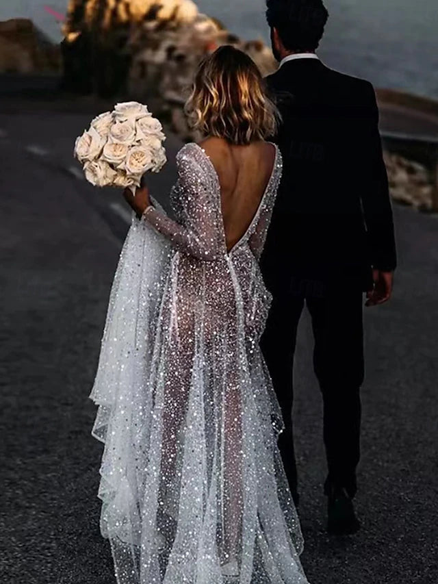 Wedding Dresses Ball Gown V Neck Long Sleeve Chapel Train Satin Bridal Gowns With Pleats Ruched