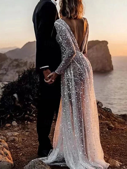 Wedding Dresses Ball Gown V Neck Long Sleeve Chapel Train Satin Bridal Gowns With Pleats Ruched