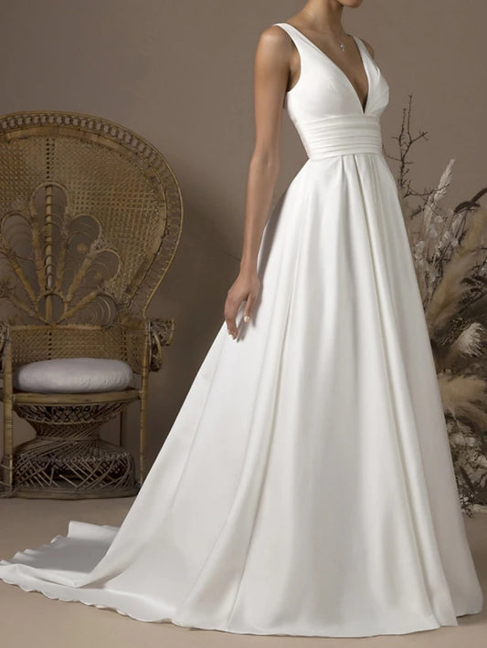 Hall Casual Wedding Dresses A-Line V Neck Sleeveless Sweep / Brush Train Satin Bridal Gowns With Pleats