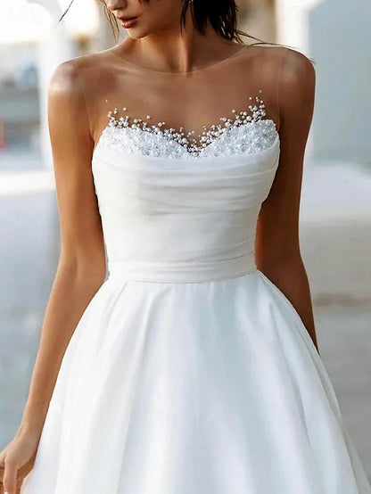 Beach Wedding Dresses A-Line Boat Neck Sleeveless Sweep / Brush Train Tulle Bridal Gowns With Solid Color