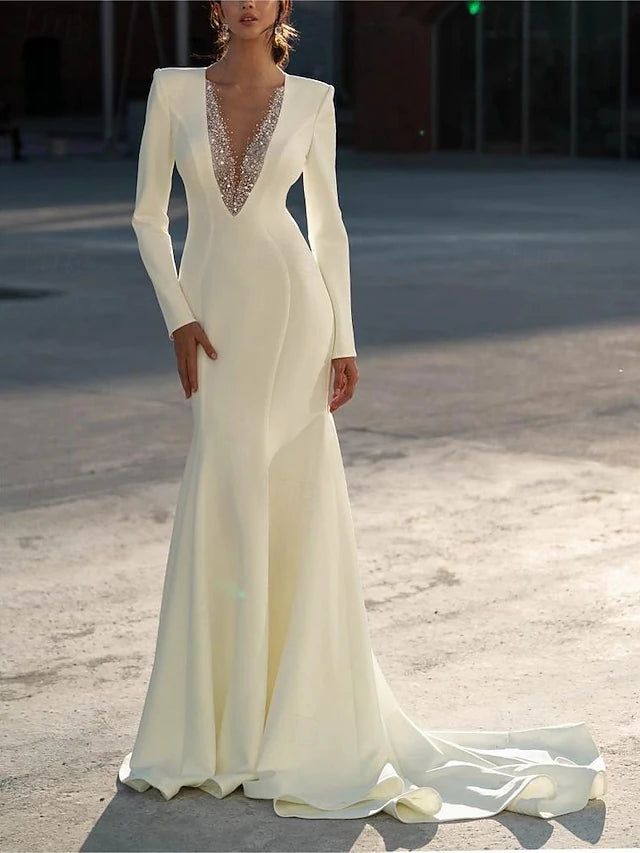 Formal Wedding Dresses Mermaid V Neck Long Sleeve Sweep / Brush Train Chiffon Bridal Gowns With Beading Solid Color