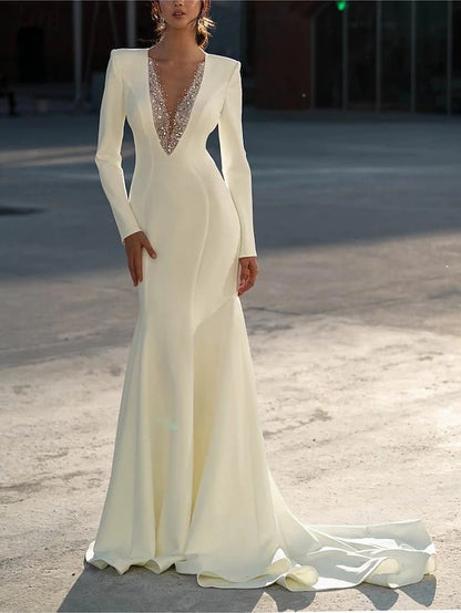 Formal Wedding Dresses Mermaid V Neck Long Sleeve Sweep / Brush Train Chiffon Bridal Gowns With Beading Solid Color