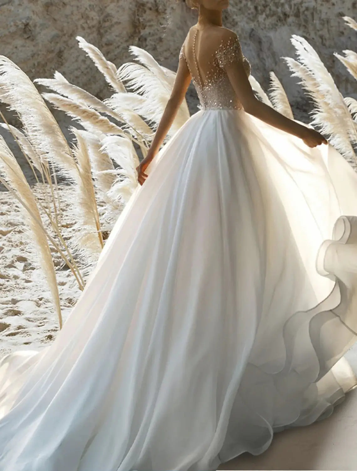 Beach Wedding Beach Formal Wedding Dresses A-Line Off Shoulder Short Sleeve Court Train Chiffon Bridal Gowns With Pleats Beading