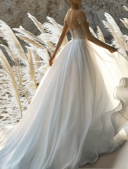 Beach Wedding Beach Formal Wedding Dresses A-Line Off Shoulder Short Sleeve Court Train Chiffon Bridal Gowns With Pleats Beading