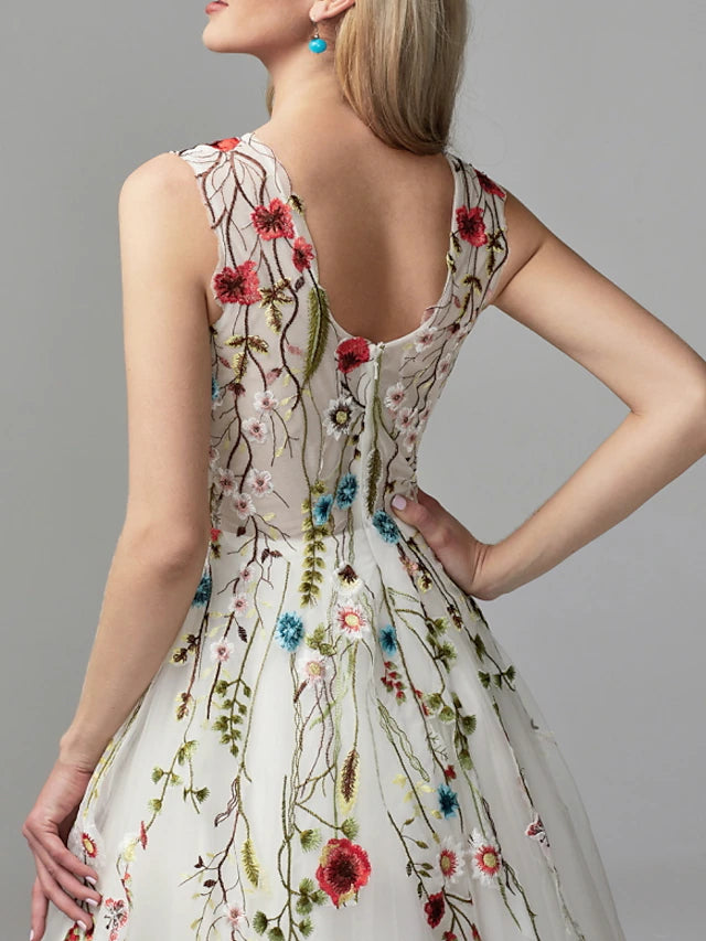 A-Line Tea Length Prom Dresses Floral White Sleeveless V Neck Prom Wedding Guest Lace Tulle with Embroidery Appliques