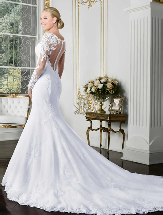Open Back Sexy Formal Wedding Dresses Mermaid Illusion Neck Long Sleeve Chapel Train Lace Bridal Gowns With Lace Appliques