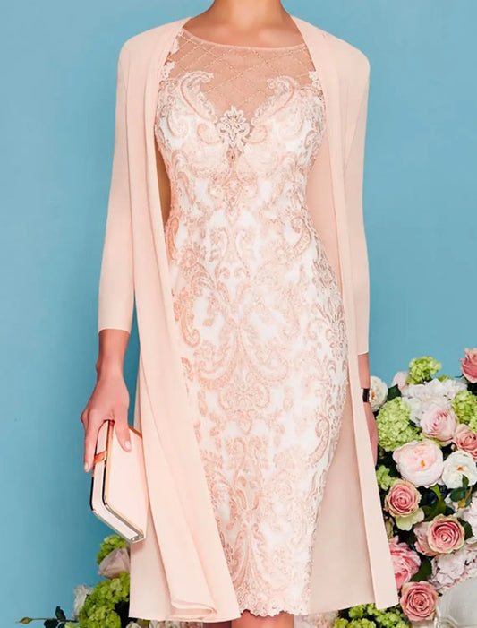 Two Piece Sheath Champagne Beach Wedding Mother of the Bride Dress Wedding Guest Elegant Jewel Neck Knee Length Chiffon Lace 3/4 Length Sleeve Wrap Included Jacket Dresses with Beading Appliques