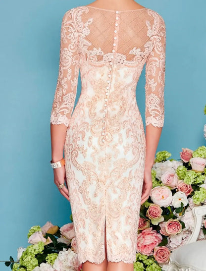 Two Piece Sheath Champagne Beach Wedding Mother of the Bride Dress Wedding Guest Elegant Jewel Neck Knee Length Chiffon Lace 3/4 Length Sleeve Wrap Included Jacket Dresses with Beading Appliques