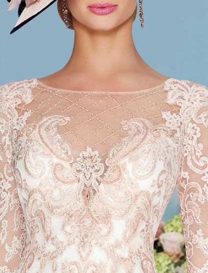 Two Piece Sheath Champagne Beach Wedding Mother of the Bride Dress Wedding Guest Elegant Jewel Neck Knee Length Chiffon Lace 3/4 Length Sleeve Wrap Included Jacket Dresses with Beading Appliques