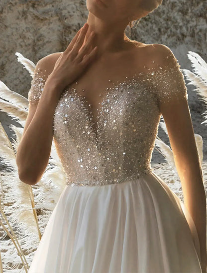 Beach Wedding Beach Formal Wedding Dresses A-Line Off Shoulder Short Sleeve Court Train Chiffon Bridal Gowns With Pleats Beading
