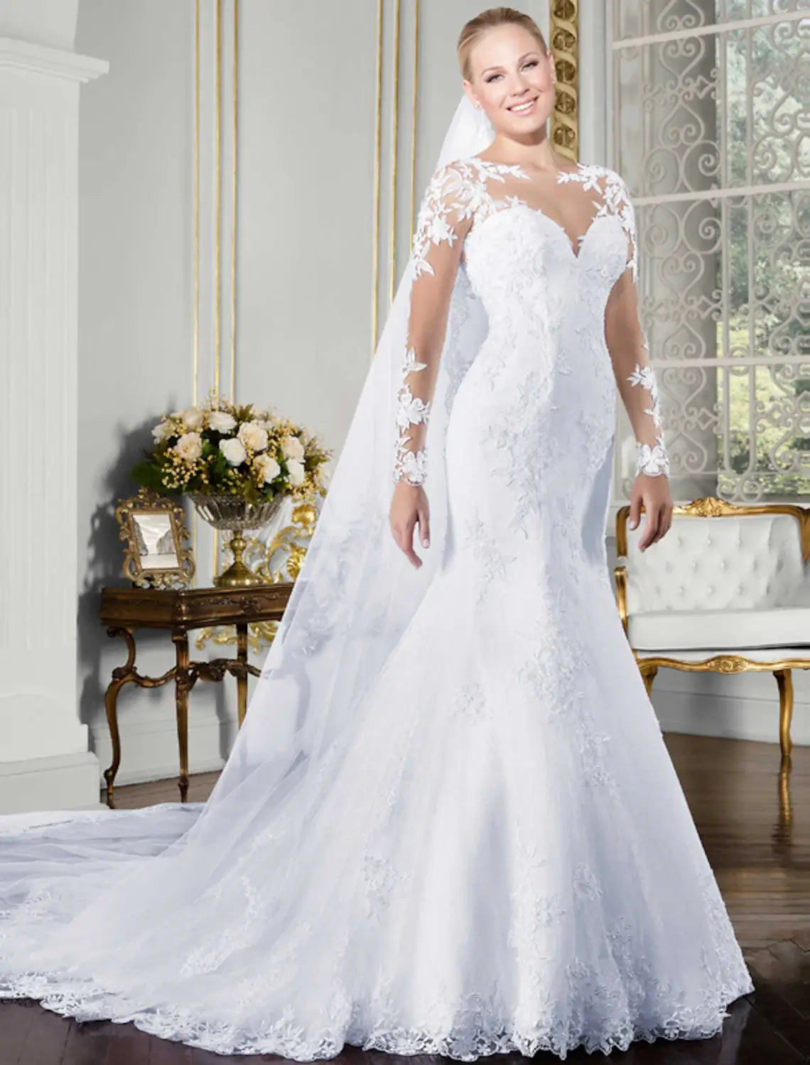 Open Back Sexy Formal Wedding Dresses Mermaid Illusion Neck Long Sleeve Chapel Train Lace Bridal Gowns With Lace Appliques