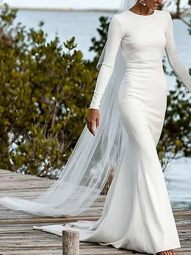 Wedding Dresses Ball Gown Scoop Neck Long Sleeve Chapel Train Satin Bridal Gowns With Pleats Ruched