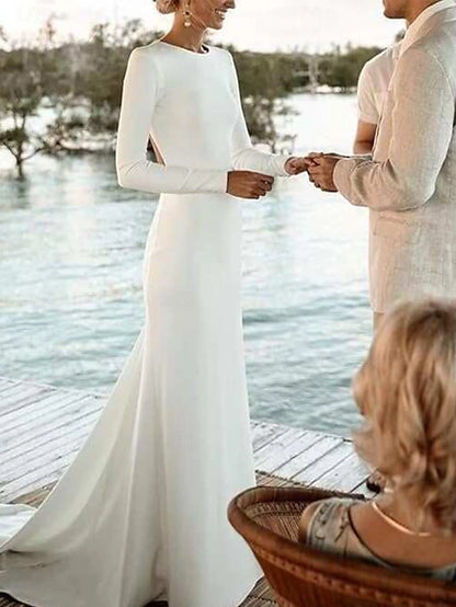 Wedding Dresses Ball Gown Scoop Neck Long Sleeve Chapel Train Satin Bridal Gowns With Pleats Ruched