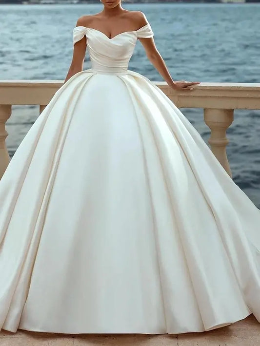 Engagement Formal Wedding Dresses Ball Gown Off Shoulder Cap Sleeve Court Train Satin Bridal Gowns With Ruched Solid Color