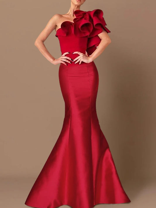 Mermaid Evening Gown Corsets Dress Formal Wedding Guest Floor Length Sleeveless One Shoulder Taffeta with Ruffles Shouder Flower Masquerade Dress