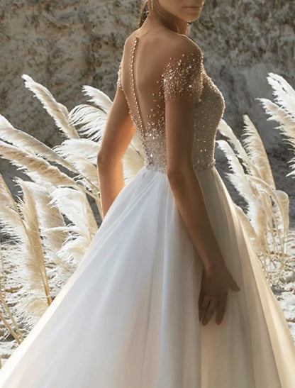Beach Wedding Beach Formal Wedding Dresses A-Line Off Shoulder Short Sleeve Court Train Chiffon Bridal Gowns With Pleats Beading