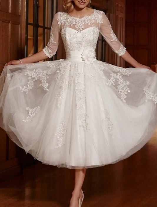 Reception Vintage 1940s / 1950s Little White Dress Bridal Shower Dresses Wedding Dresses A-Line Illusion Neck 3/4 Length Sleeve Tea Length Lace Bridal Gowns With Appliques