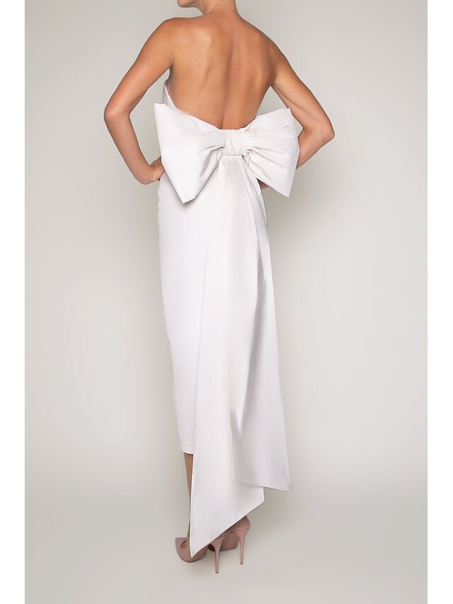 Sheath Column Tea Length Prom Dresses Party Black Dress Beautiful Back Sleeveless Strapless Wedding Guest Engagement Fall Wedding Reception Satin with Bow(s)