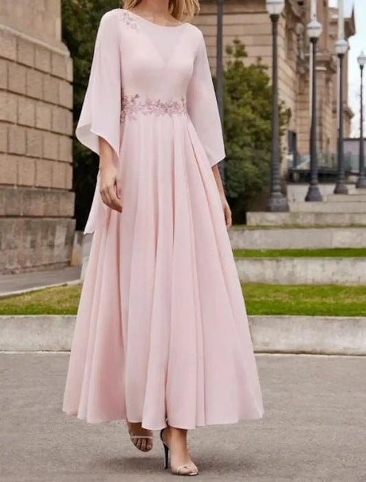 Beach Wedding A-Line Mother of the Bride Dress Formal Wedding Guest Elegant Bateau Neck Ankle Length Chiffon 3/4 Length Sleeve with Beading Sequin