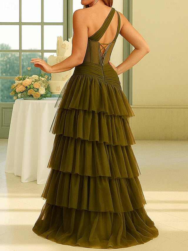 A-Line Floor Length Prom Dress Party Dress Cocktail Dress Mother of the Bride Dress Sleeveless One Shoulder Elegant Vintage Party Formal Evening with Ruffles Split Front