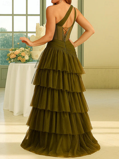 A-Line Floor Length Prom Dress Party Dress Cocktail Dress Mother of the Bride Dress Sleeveless One Shoulder Elegant Vintage Party Formal Evening with Ruffles Split Front