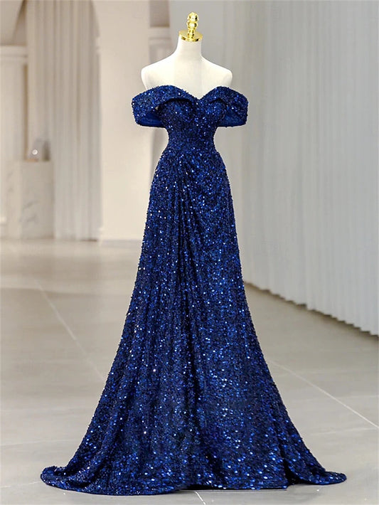 A-Line Mermaid Trumpet Floor Length Prom Dresses Elegant Sleeveless Off Shoulder Prom Evening Party Sequined Backless with Pleats Sequin