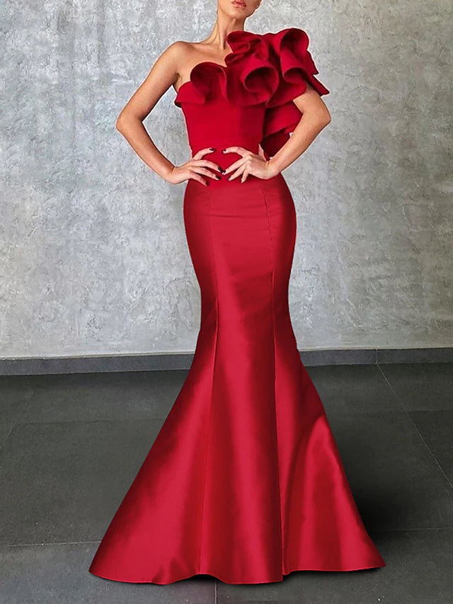 Mermaid Evening Gown Corsets Dress Formal Wedding Guest Floor Length Sleeveless One Shoulder Taffeta with Ruffles Shouder Flower Masquerade Dress